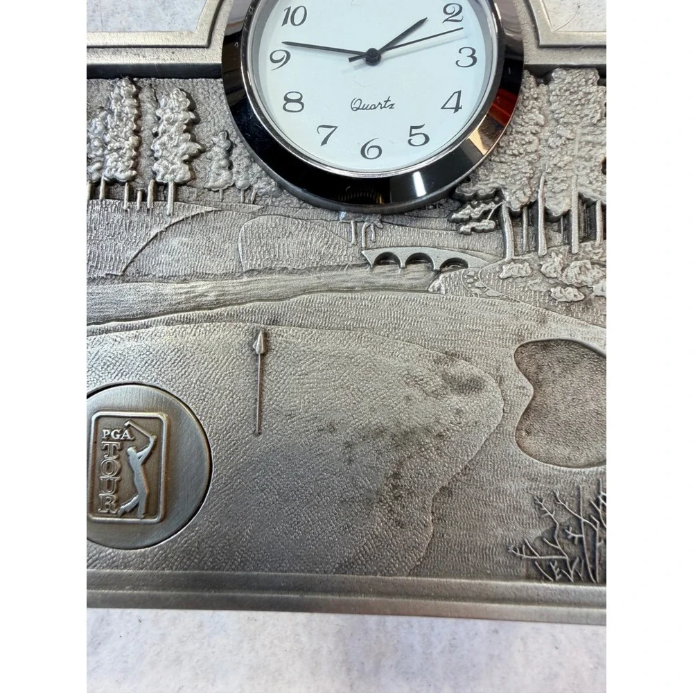 PGA Tour Metal Desk Clock Golf Course Scene Pewter Tone‎ Quartz Analog Timepiece